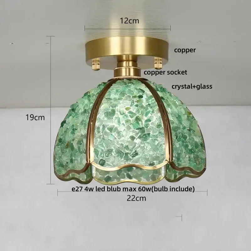Modern gold and pink column glass crystal ceiling light featuring a green crystal and brass copper finish pendant light