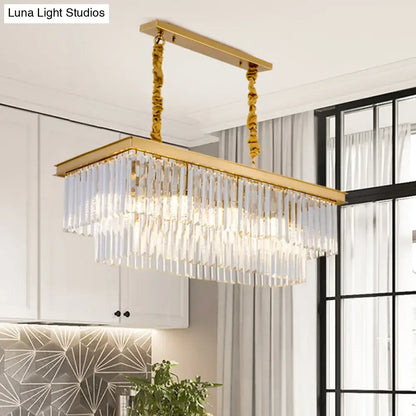 Modern gold smoke gray crystal chandelier with gold-toned rectangular design and cascading prisms for e12 e14 bulb base