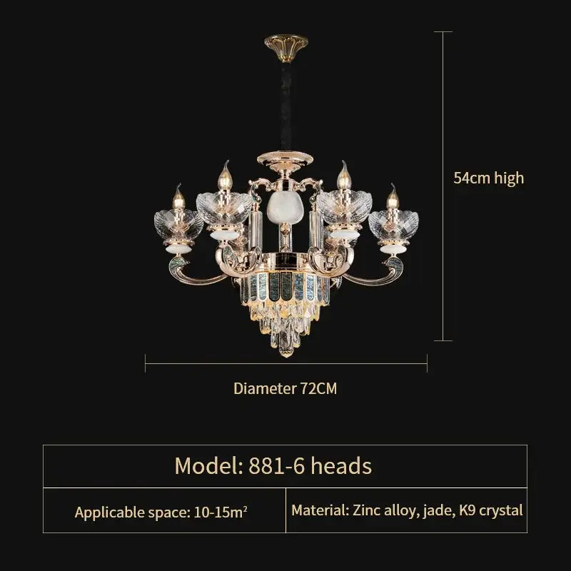 Elegant modern gold and teal decorbites crystal candle chandelier with 6 heads, jade accents, and k9 crystal droplets