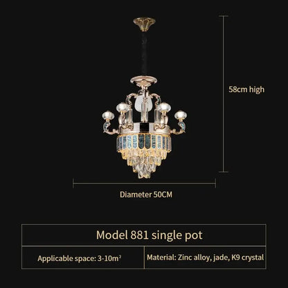 Elegant gold and teal decorbites crystal candle chandelier with cascading k9 crystals and jade accents for living room decor