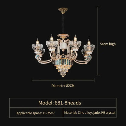 Elegant modern gold and teal crystal candle chandelier with 8-head zinc alloy frame and decorbites crystal accents