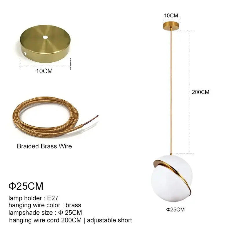 Modern gold and white ball pendant light with a white spherical shade and brass ring on adjustable braided wire by decorbites golden ball