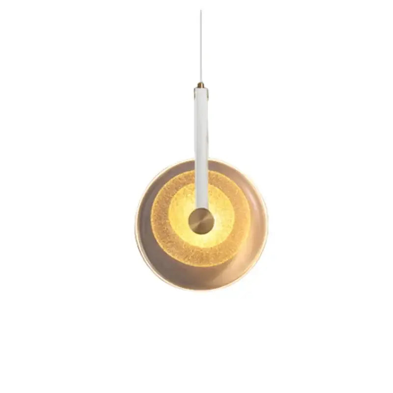 Modern gold and white circular glass led chandelier with textured layered glass and sleek suspension rod by decorbites circular glass