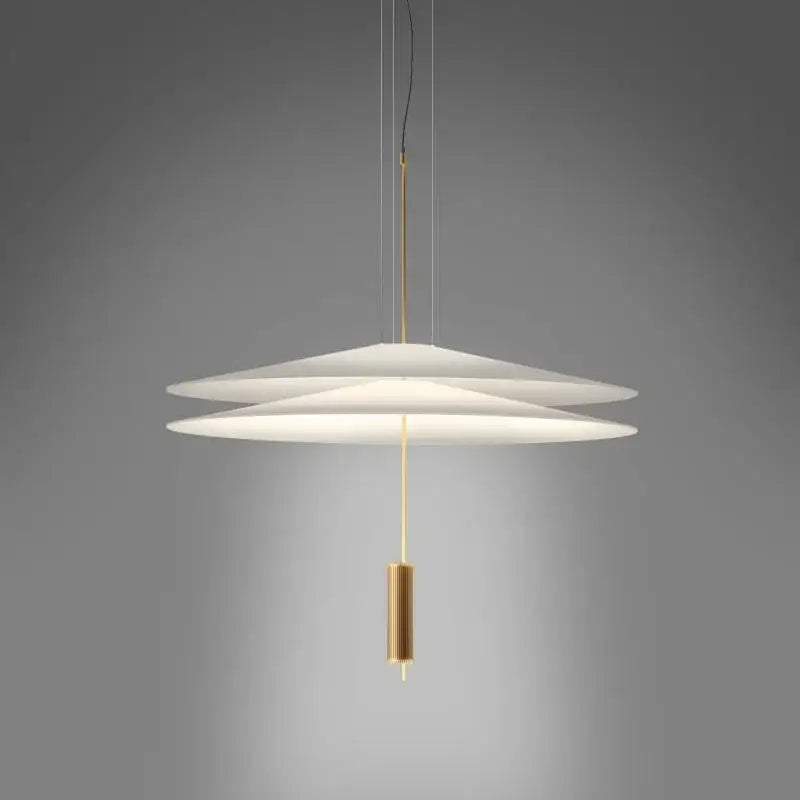 Modern gold and white pendant light with three translucent disc shades by decorbites designer saucer ufo for living room decor