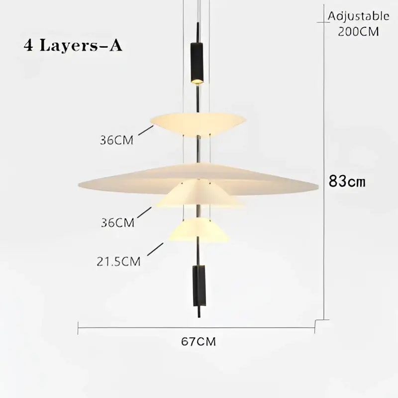 This modern gold and white decorbites designer saucer ufo pendant light features four tiers with black rods and off-white shades