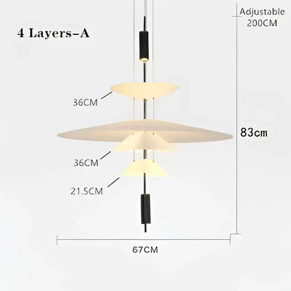 This modern gold and white decorbites designer saucer ufo pendant light features four tiers with black rods and off-white shades
