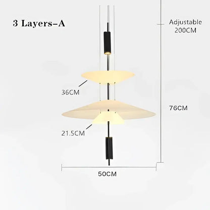 Adjustable three-tiered pendant light with glowing circular shades and black accents for modern gold and white designer saucer ufo decorbites
