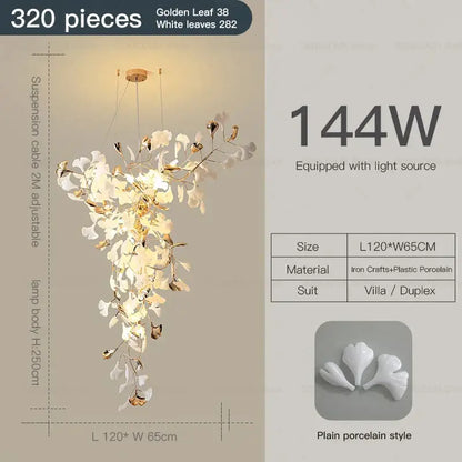 Elegant white porcelain gingko leaf ceramic chandelier with gold-toned metal accents for villa or duplex decorbites gingko leaf