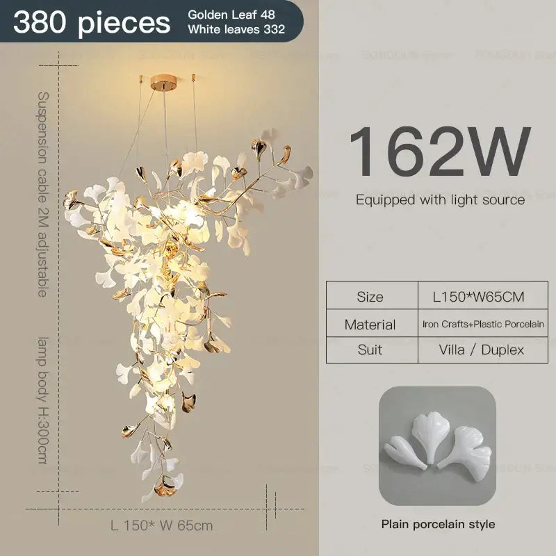 Modern gold and white gingko leaf ceramic chandelier with 380 golden porcelain leaves on iron frame for living room decorbites decor