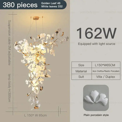 Modern gold and white gingko leaf ceramic chandelier with 380 golden porcelain leaves on iron frame for living room decorbites decor