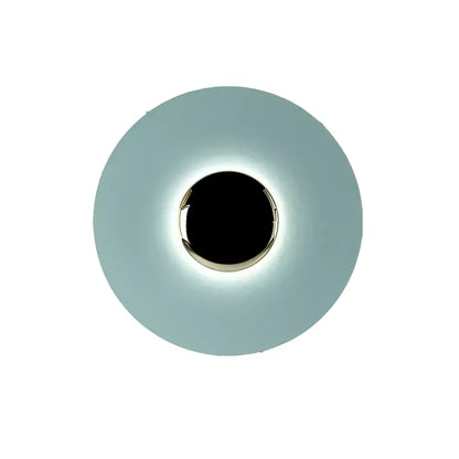A modern led ufo wall light with a matte teal diffuser and polished chrome ring for bedside wall sconces decor