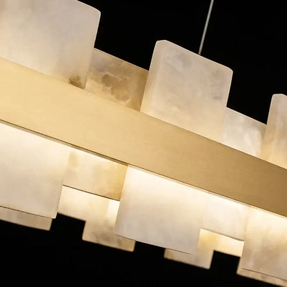 Modern gold and white marble bedroom chandelier led pendant lamp with translucent alabaster blocks on brushed brass bars