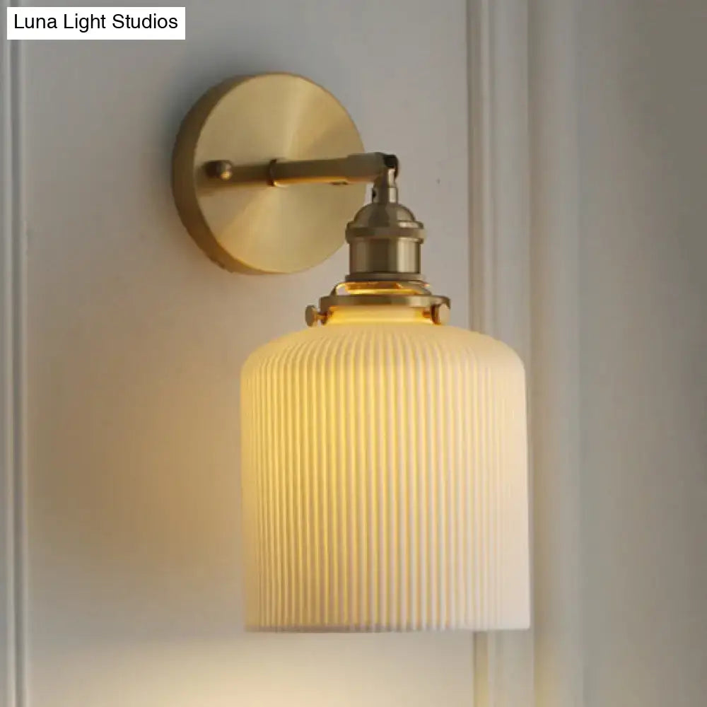 Brass-finished decorbites modern porcelain wall lamp with ribbed off-white glass shade ideal for dining room led lighting