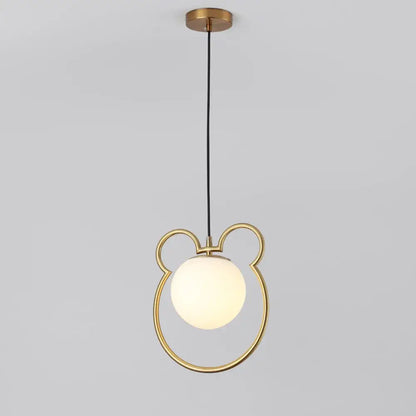 Modern gold arched glass bar pendant lamp featuring a gold-toned Mickey Mouse pendant lamp with a frosted globe