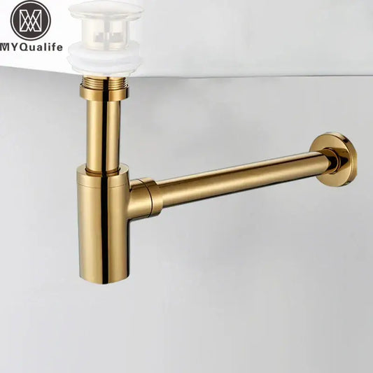Modern gold basin tap siphon kit with sleek gold-toned drain pipe and clear plastic pop-up stopper for bathroom use