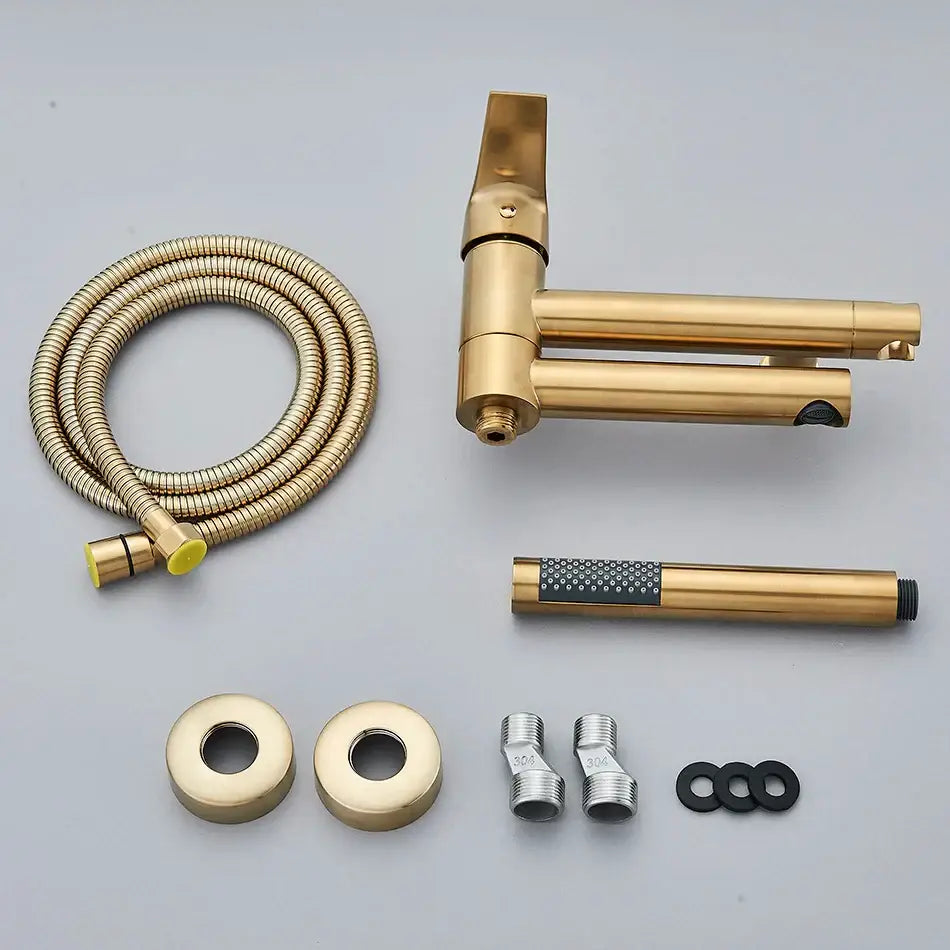 Modern gold bathroom bathtub mixer tap set in brass with flexible hose and detachable handheld spray for shower use