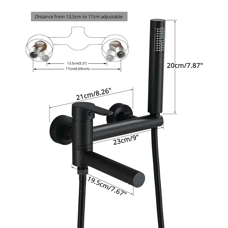 Black matte wall-mounted mixer tap set with adjustable distance and handheld spray head for modern bathroom use