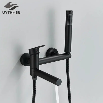 Black matte-finish wall-mounted mixer tap set with handheld spray and separate control lever for modern bathroom use