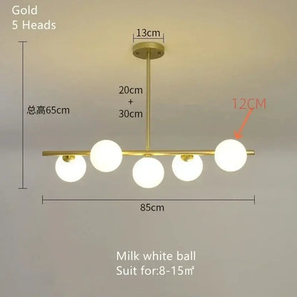Modern gold bean glass chandelier with five milk white spherical glass bulbs for living room or dining room lighting