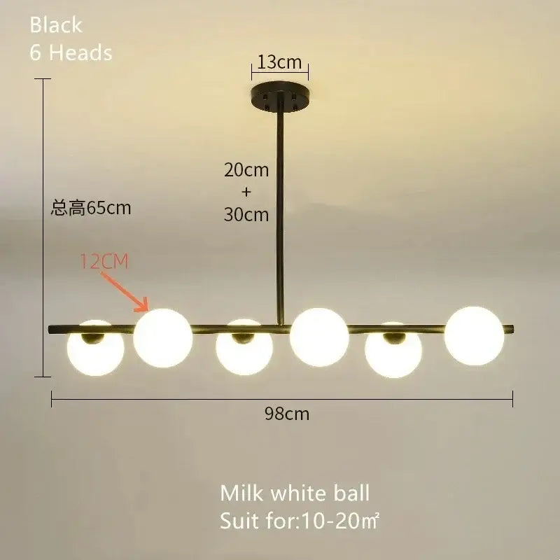 Black metal bean glass chandelier with six milk white spherical bulbs for modern dining room linear lighting