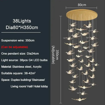 Modern gold bird design led chandelier with 38 translucent acrylic birds and gold ceiling mount for living room decorbites bird design