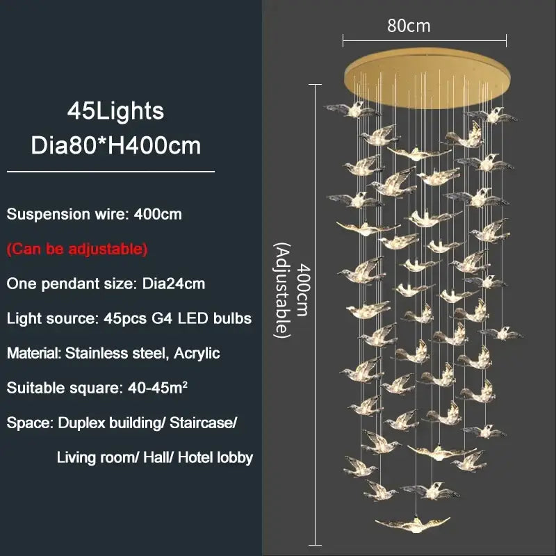 A modern gold bird design led chandelier with 45 g4 bulbs and stainless steel base for living room decorbites bird design