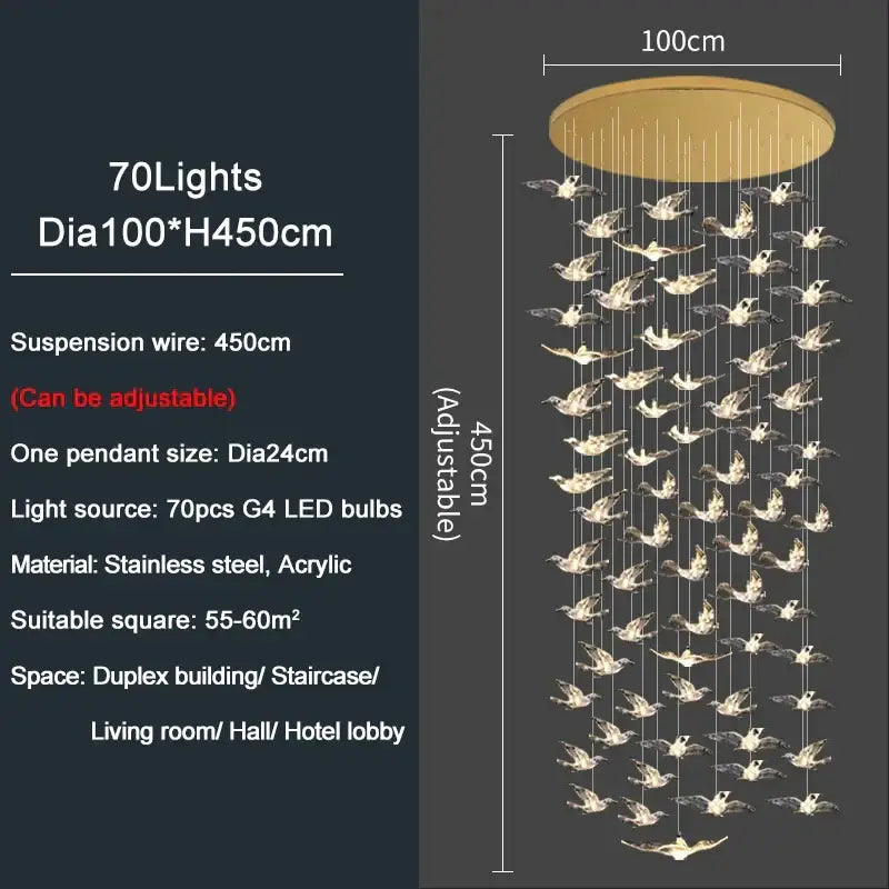 Modern gold bird design led chandelier with 70 lights and acrylic pendants on stainless steel wires for living room decorbites bird design