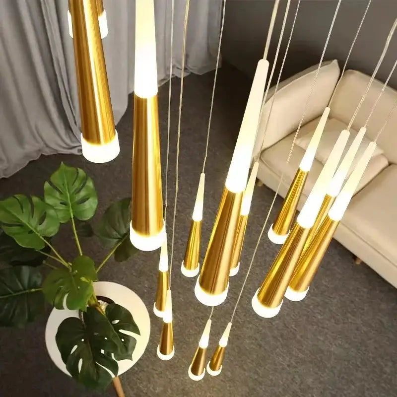 Modern gold black acrylic led chandelier with sleek white conical pendant lights for staircase decorbites black acrylic