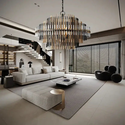 A modern gold and black brass glass ceiling chandelier with vertical rods for living room decorbites brass glass lighting