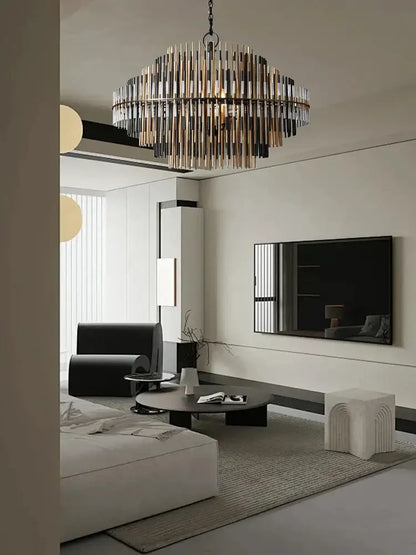 Modern gold and black brass pendant light with circular frame and vertical rods for dining room decorbites brass pendant