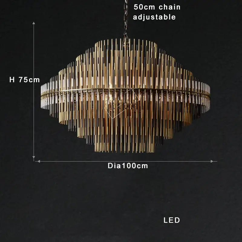 Modern gold and black brass pendant light with tiered geometric design featuring brass pendant light rods for dining room decorbites