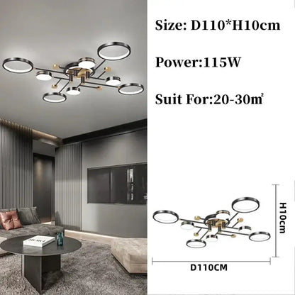 Modern gold black pendant light with brass hub and black metal circular LED rings for living room decorbites gold black design