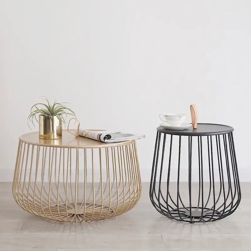 Two modern wireframe side tables in gold-tone metal with wooden top and black metal with dark tabletop for coffee table decorbites gold pumpkin coffee use