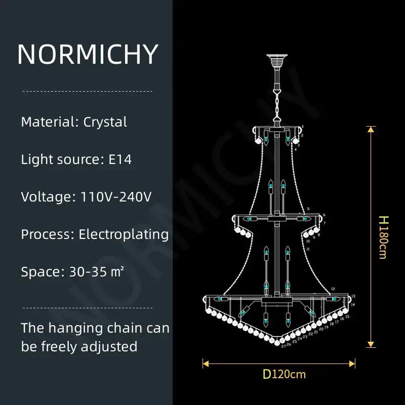 Modern gold and black crystal staircase pendant light with tiered design and electroplated metal finish stainless steel frame