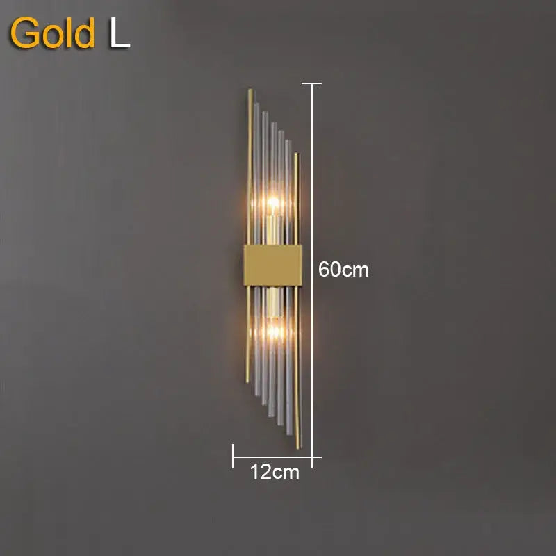 Modern gold and black crystal wall lamp with sleek vertical rods and two illuminated light sources for living room decorbites crystal wall lamp
