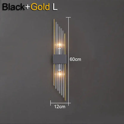 Modern gold and black crystal wall lamp with vertical metallic rods for living room decorbites crystal wall lamp