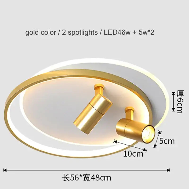 Modern gold and black decorbites dimmable ceiling lights featuring two adjustable spotlights and a circular led ring