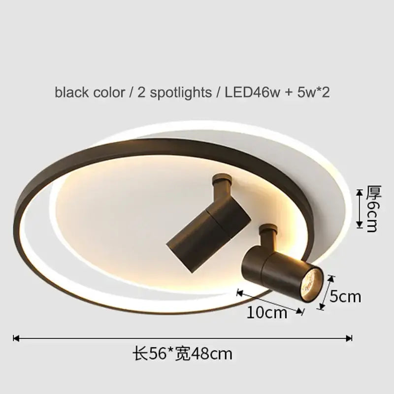 Modern gold and black decorbites dimmable led ceiling lights featuring a black circular design with adjustable spotlights and glowing ring