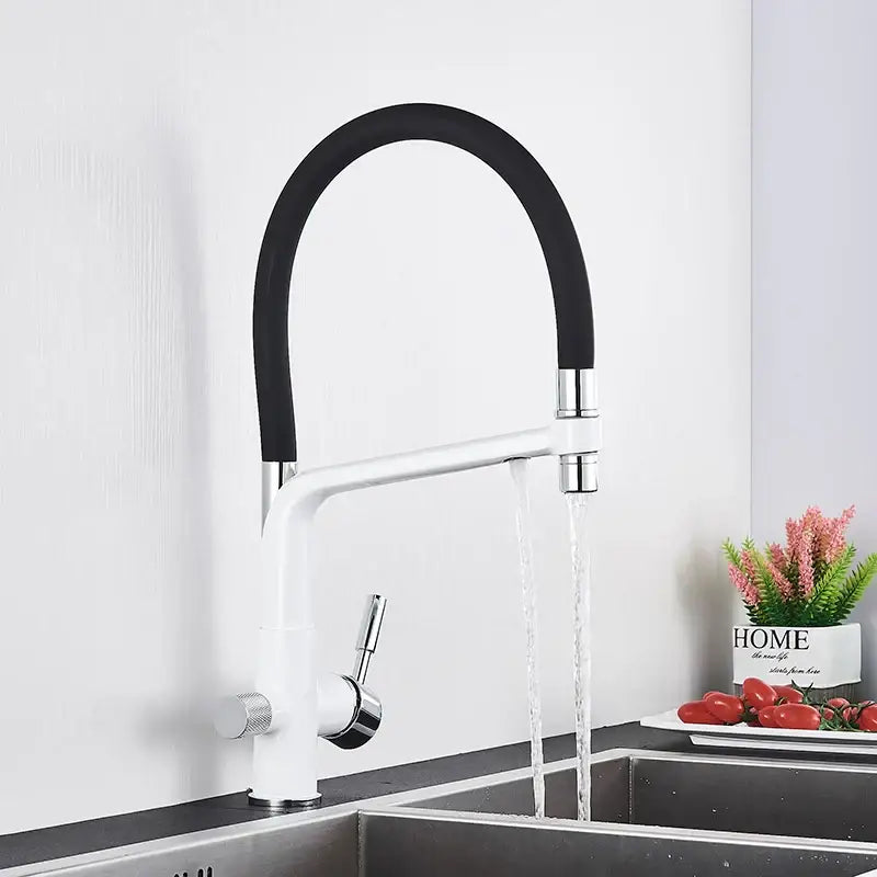 Modern gold and black dual spout kitchen faucet with white faucet black flexible hose and chrome accents decorbites dual spout