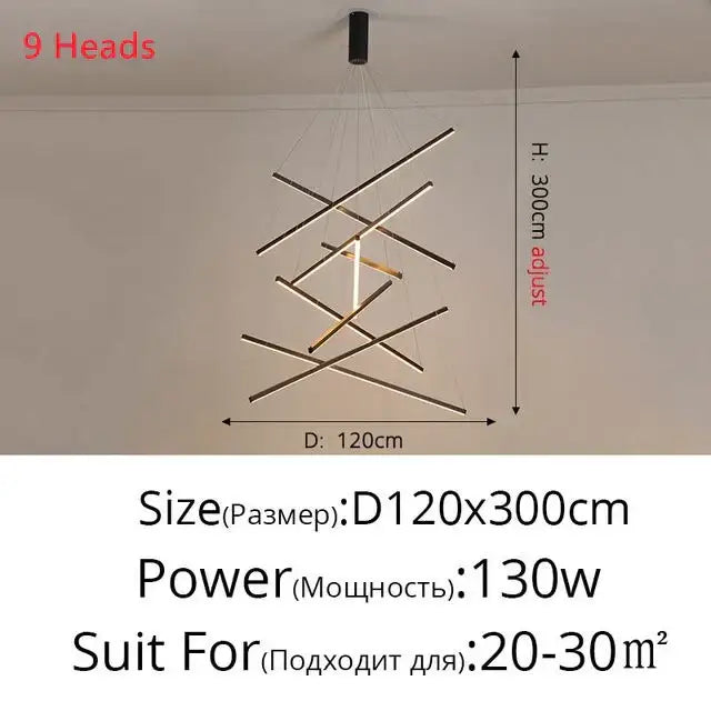Modern black and gold geometric aluminum ceiling chandelier with nine adjustable light heads for living room use