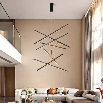 Modern gold and black geometric aluminum ceiling chandelier with intersecting linear bars for living room decor