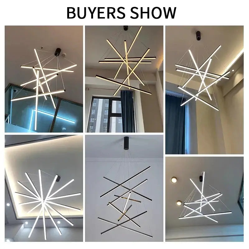 Modern gold and black geometric aluminum ceiling chandelier with intersecting rods for living room lighting