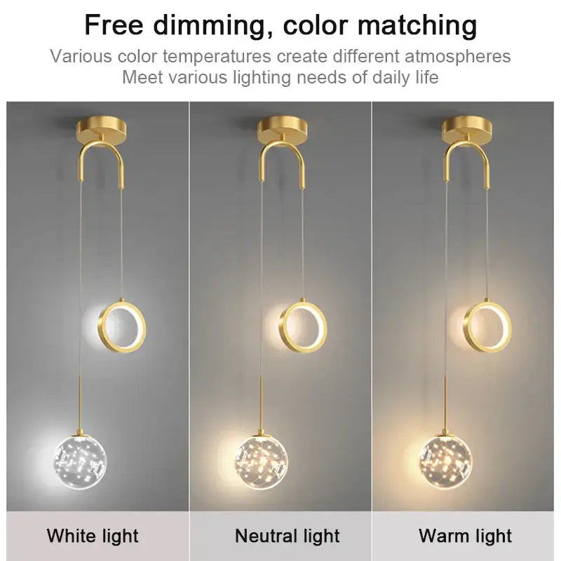 Modern gold and black glass globe pendant light with circular ring and spherical led globe features selectable light colors