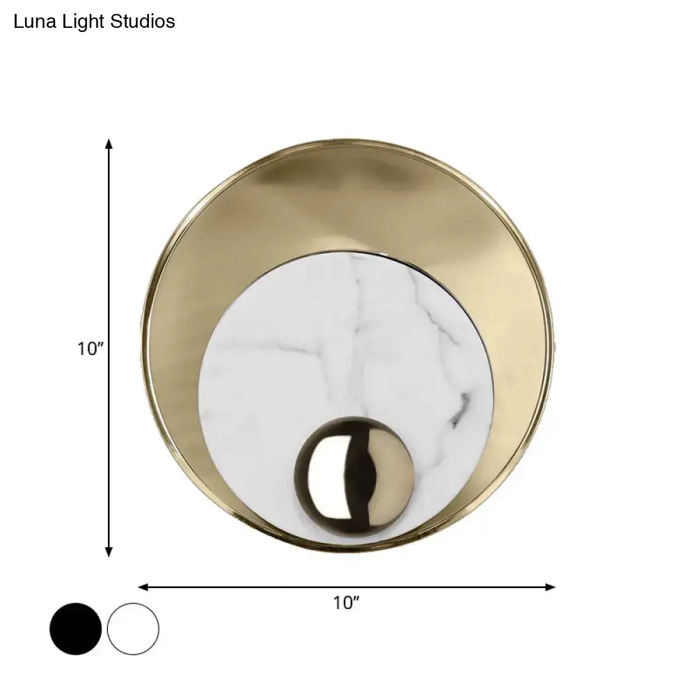 Modern gold and black marble peacock tail feather wall sconce with brushed gold frame and white marble center wall lamp