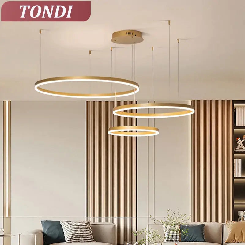 Modern gold and black minimalist ring pendant light with gold-toned circular led design for contemporary interiors focal point