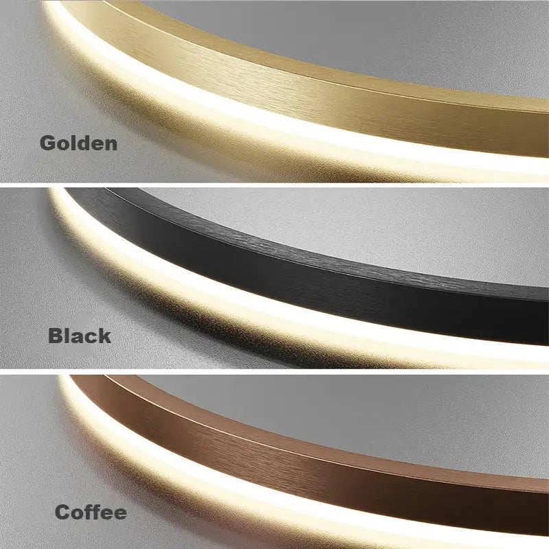 Modern gold and black minimalist ring pendant light with circular led fixture in golden black and coffee finishes for dining rooms