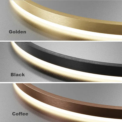 Modern gold and black minimalist ring pendant light with circular led fixture in golden black and coffee finishes for dining rooms