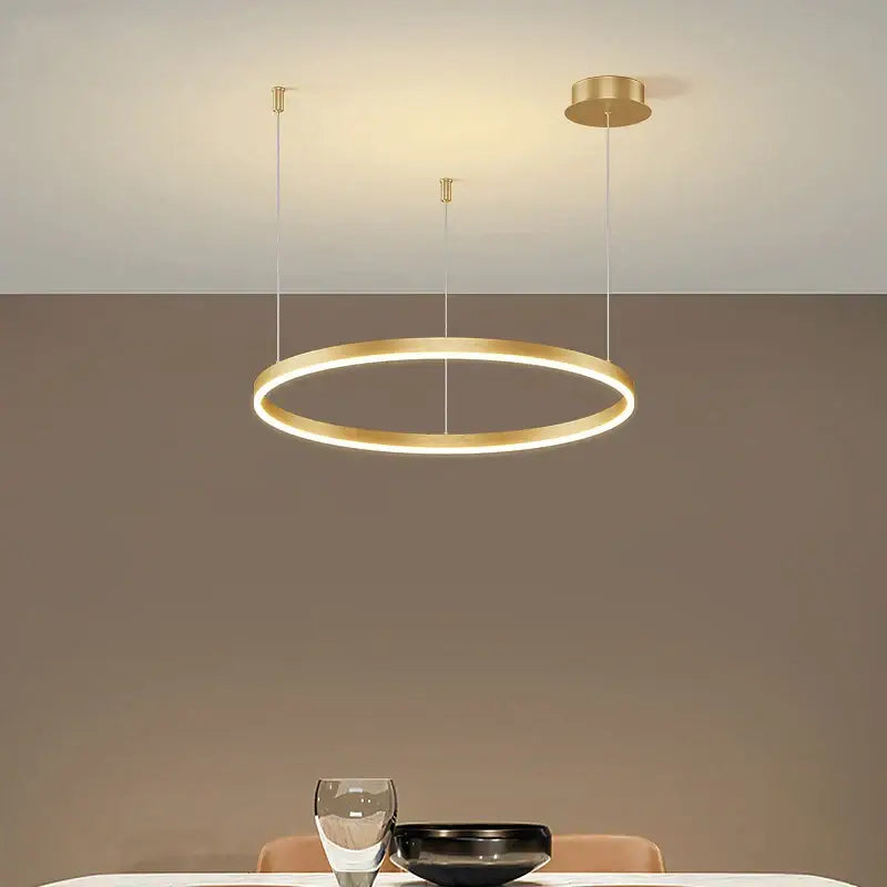 Modern gold and black minimalist ring pendant light featuring integrated led lighting for contemporary interiors focal point