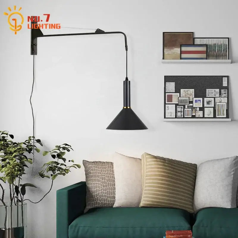 Black metal wall lamp with conical shade and gold accent ring decorbites gold black swing arm sconce for bedroom decor