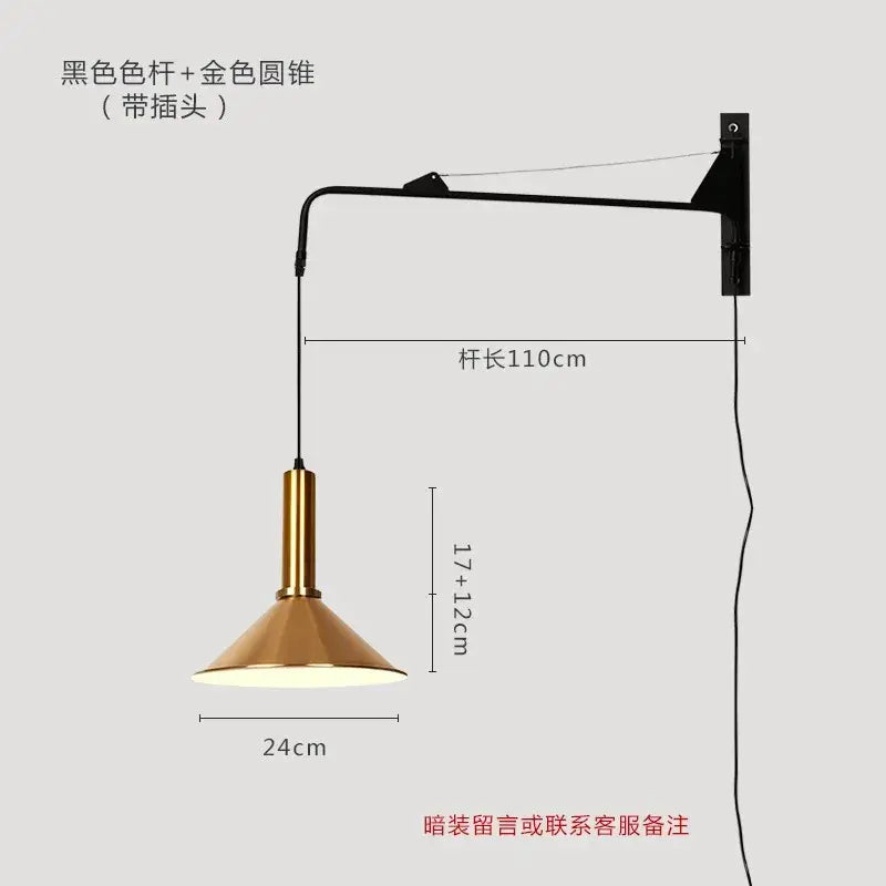 A sleek gold black swing wall lamp with a 110cm extendable arm and 24cm conical brass shade for decorbites gold black decor